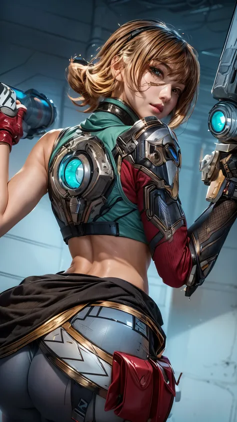 arafed potret of a woman with a gun and a glove extreme realistic, kda, extremely detailed artgerm, orianna, mechanized valkyrie girl, character art closeup, cyborg merchant girl, cushart krenz key art feminine, character splash art, riven, ig model | artg...