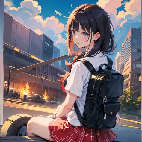 Official art、animated cartoon、A schoolgirl、sit ch、landscape shot、Faraway view、Twilight rays　Carrying a rucksack