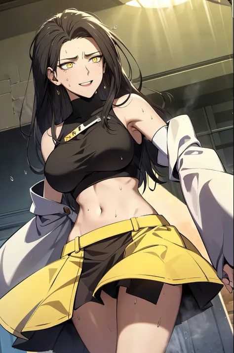 masterpiece,best quality,1girl,(mature female),orihimedef,,BLACK hair,yellow eyes,hair ornament,center opening,navel,midriff,skirt,detached sleeves,seductive smile,((sweat,sweatdrop,steaming body)),looking at viewer,sunlight,(dutch angle),