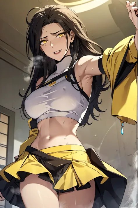 masterpiece,best quality,1girl,(mature female),orihimedef,,BLACK hair,yellow eyes,hair ornament,center opening,navel,midriff,skirt,detached sleeves,seductive smile,((sweat,sweatdrop,steaming body)),looking at viewer,sunlight,(dutch angle),