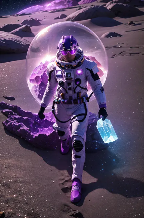 cosmic purple and yellow crystals, growing on the sand, hyperrealistic, phantom glow, a man in a spacesuit collects crystals