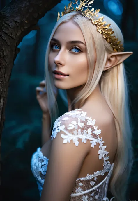 charming half-length close-up photo of nordic light elf, has blonde hair, blue eyes, exceptionally beautiful, minimalist, eterna...