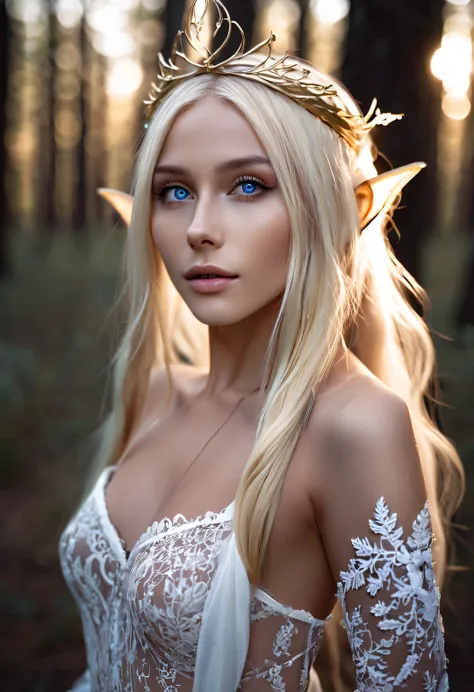 Charming half-length close-up photo of Nordic light elf, Has blonde hair, blue eyes, Exceptionally beautiful, minimalist, eternal melancholy, Stylish photography style, Dramatic firefly light, black to black, Asymmetrical composition, concept fantasy, intr...