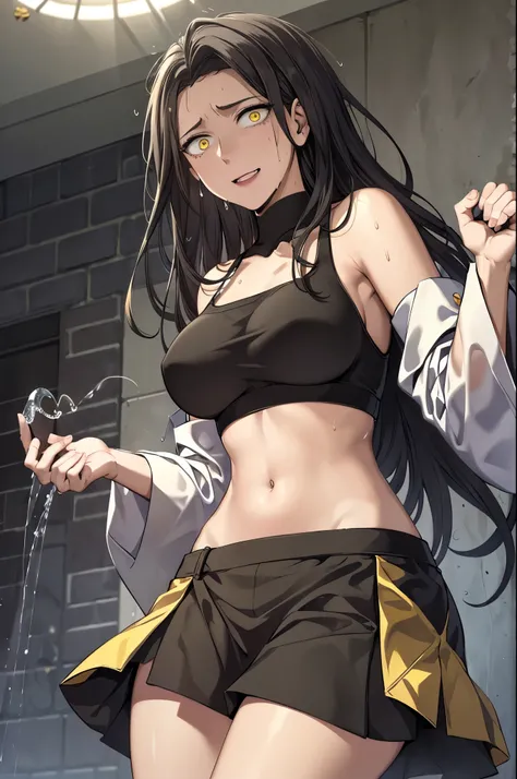 masterpiece,best quality,1girl,(mature female),orihimedef,,BLACK hair,yellow eyes,hair ornament,center opening,navel,midriff,skirt,detached sleeves,seductive smile,((sweat,sweatdrop,steaming body)),looking at viewer,sunlight,(dutch angle),scared expression...