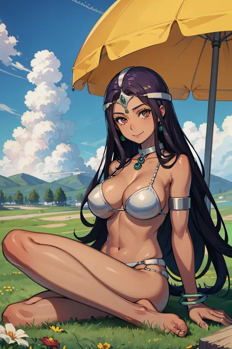 masterpiece, best quality, Decmania, circus, collar, bracelet, armband, bikini, Ren Baolin, , Smile, looking at the audience, Place, sky sky, cloud, grassland, Everlasting，Tanned, sitting, barefoot, Big breasts, sunburned