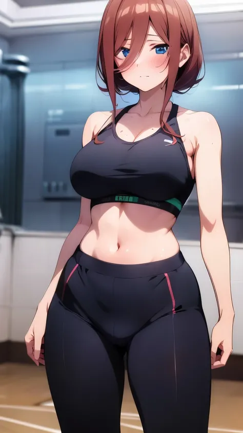 1girl:Miku nakano From the anime go toubun no hanayome, brown hair, 4k, HD, anime, sexy, big ass, beautiful, blue eyes, the best 8k resolution,Gym, leggings, tight, tight top, sexy, Blushing, gym,Tight black leggings that shine 