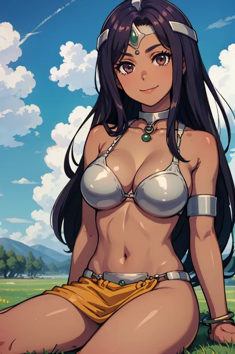 masterpiece, best quality, Decmania, circus, collar, bracelet, armband, bikini, Ren Baolin,  Smile, looking at the audience, Place, Sky, cloud, grassland, Everlasting, Tanned, sitting, barefoot, Big breasts, sunburned