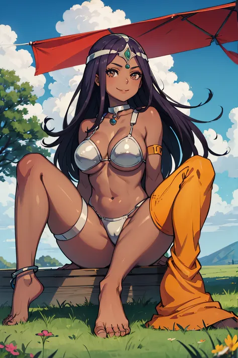 masterpiece, best quality, Decmania, circus, collar, bracelet, armband, bikini, Ren Baolin,  Smile, looking at the audience, Place, Sky, cloud, grassland, Everlasting, Tanned, sitting, barefoot, Big breasts, sunburned