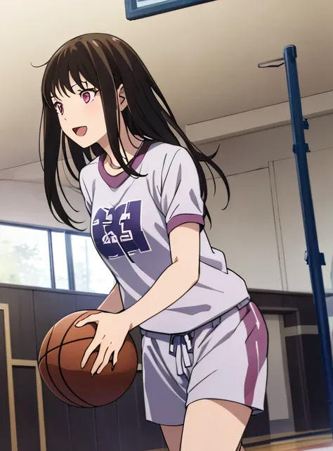 1girl, black hair, open mouth :D, medium breast, gym short sleeve white shirt, gym shorts, cute, indoors, basketball court, gymnasium, cinematic angel, running, dribbling with basketball, perfect anatomy