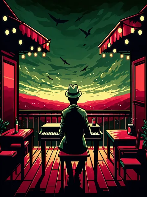 draw an anime simple art scene of nigerian man with hat playing piano on terrace, fairylights, dark, greenish red tones, cloudy ...