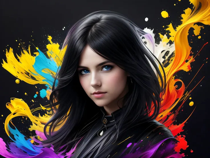 Colorful beautiful girl: 28-years old, messy hair, oil painting, nice perfect face with soft skin, nice perfect face, blue yellow colors, light purple and violet additions, light red additions, intricate detail, splash screen, 8k resolution, masterpiece, c...