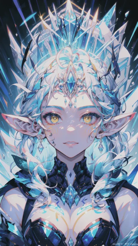 (portrait of an ice elf:1.2), medium length elf ears, pointy ears,ice around, frosty theme,( shiny yellow eyes:1.2), light cold smile, arrogant facial expression, sexy Russian style costume, Blue crystal jewelry, icy blue glowing tattoos,Detailed,Realistic...