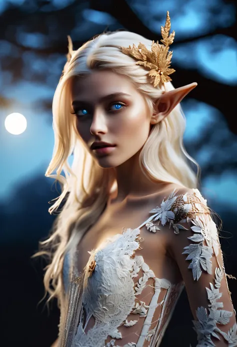 old master painting, dark aesthetic, charming half-length close-up of nordic light elf, has blonde hair, blue eyes, exceptionall...