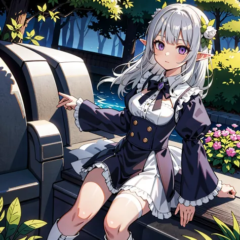 (masterpiece), best quality, high resolution, extremely detailed, detailed background, cinematic lighting, outdoor, 1girl, elf, medium hair, silver hair, crossed bangs, purple eyes, medium breasts, white shirt, black dress, drastic hair ornaments, skirt, f...