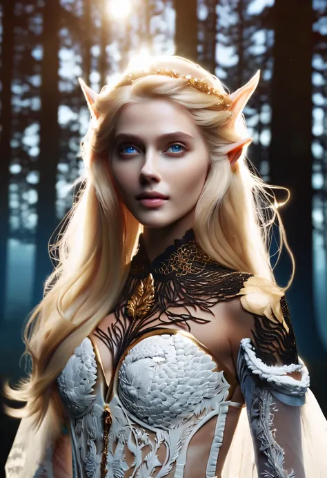 old master painting, dark aesthetic, charming half-length close-up of nordic light elf, has blonde hair, blue eyes, exceptionall...