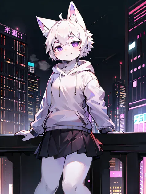 Solo, kemono, femboy, white hair, purple eyes,  wear white hoodie, wear black skirt, wear black headphone, smile, look at camera, stand on high building, cyberpunk city background, night time, high details