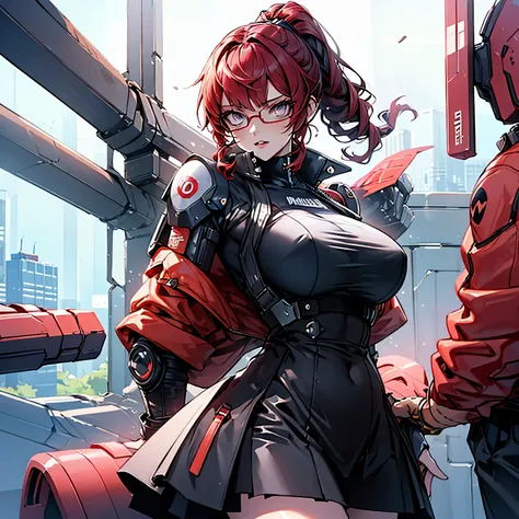 only 1 adult sexy woman, big hips in a corset and a black and white outfit, massive breast, high white curly ponytail, red glasses, with Fishnet on breasts and can be on legs too, humble outfit, wearing techwear and armor, cyberpunk outfit, wearing japanes...