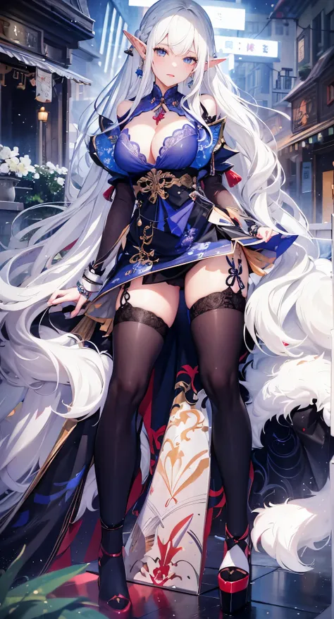 (white hair ),白色long hair,close up,dream world,Elf mature, 银白色long hair,long hair,tear nevus,earrings,(red lips,earrings),necklace,a pair of bracelets,Sling blue hip skirt,humanoid, paris bar background, her skin  white, fair complexion,blue eyes,白色long ha...