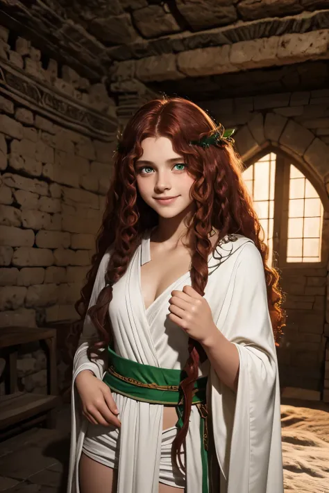 A young 12 year old girl. Ancient barbarian setting. Red curly long hair. Green eyecolour. Smiling. Very kind. Wearing a white ancient greek robe. Background: bedchamber deep in the catacombs