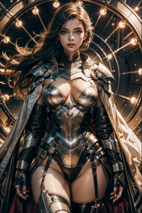 Superhero beauty young girl in sci-fi suit steel tatical armor