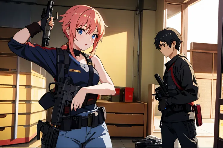 best qualty, 1 attractive girl ,1 boy, with guns in action , in anime , type Sinn3r ,

