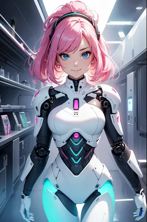(masterpiece, Best Quality, absurdres, 8K resolution), , ((Solo Girl)), Seductive smile, Pink hair, Blue, Detailed face, Beautiful face, (((white Android body, mechanical parts))), inside laboratory, (charming smile),(neonlight, Vibrant glow, Dynamic color...