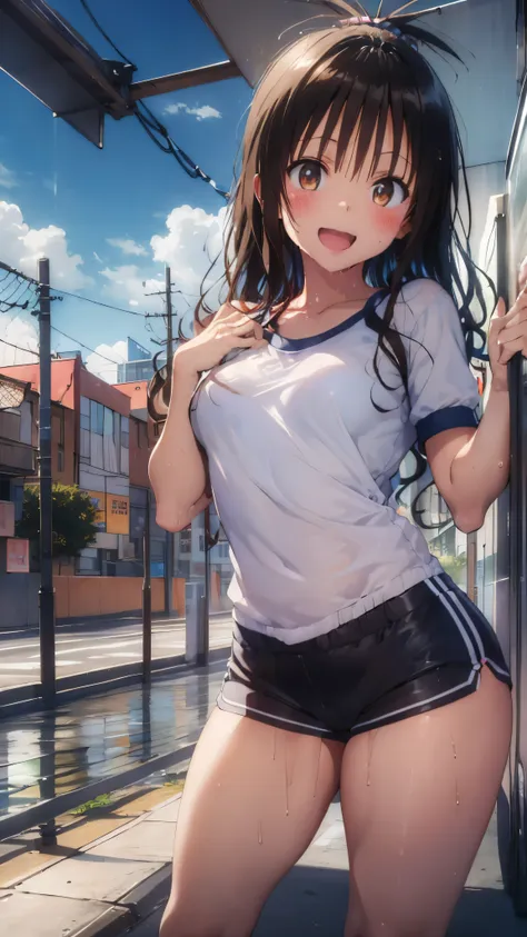 1 female,black hair,((12 years old)),(((white short-sleeved gym clothes and blue shorts)))(((blush、open mouth smile)),(((yuki mi...