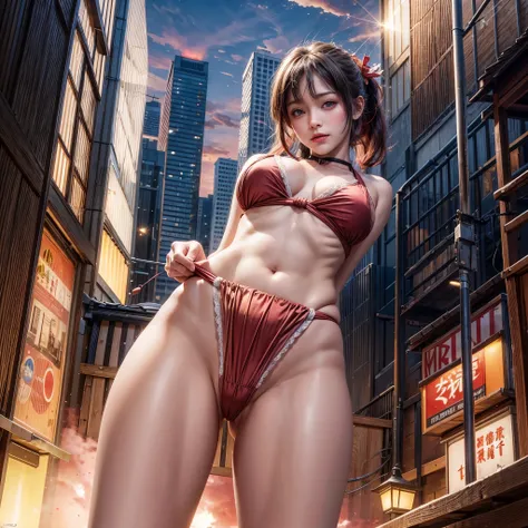 ((NSFW:-0.95)), (((nipple:-0.9))), ((Acutance:0.85)), (from below) . The background is the downtown area at (Twilight:1.4), (((Red-dyed clouds above hed:1.2))), { Skyscrapers Shining in the setting sun | (many colorful Lights:1.2) | (lens flare) | Burning ...