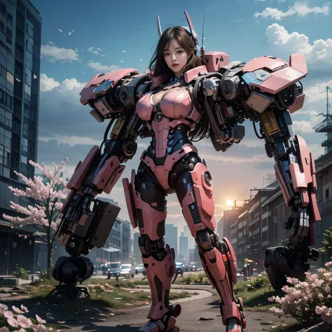 Complex 3d rendering very detailed beautiful ceramic silhouette female robot face, behind stands a huge cherry blossom pink mech warrior, robot parts, 150mm, futuristic battlefield, edge light, vibrant details, luxurious cyberpunk, lace, surrealism, anatom...