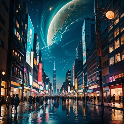 (nebulae hyper nebula starry_sky moonset epic moonrise spacious moonshine) in this futuristic image of a city at night，we were t...