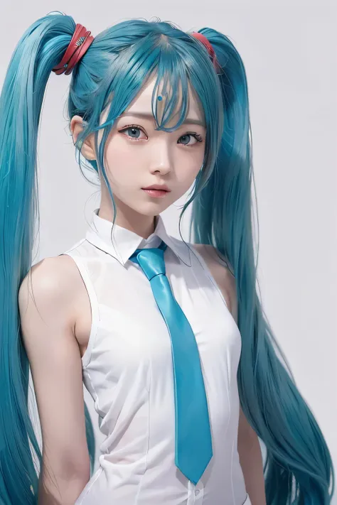 {The theme is Hatsune Miku}、(White Sleeveless Long Shirt:1.3)、((turquoise tie))、 (Red hairpin:1.3)、(twin tails、crazy turquoise long hair:1.3)、, shiny hair, expressive hair, crystal hair, gradient eyes, Artistic, conceptual art, glitter effect , shine, UHD,...