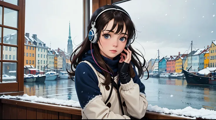 lofi relaxed one brunette girl with headphones sails in a boat, looks outside, head glued to window. winter. snowing. bad weather. in windows beautiful saturated landscape of colorful (winter Nyhavn in Copenhagen). travel. tourist. sweater, gloves. long ha...