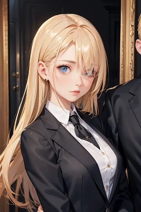 Portrait of a European girl,One,20 years,Beautiful face,Upper body,Hair over one eye,Middle side cut, blonde hair, Sharp Focus,Black business suit