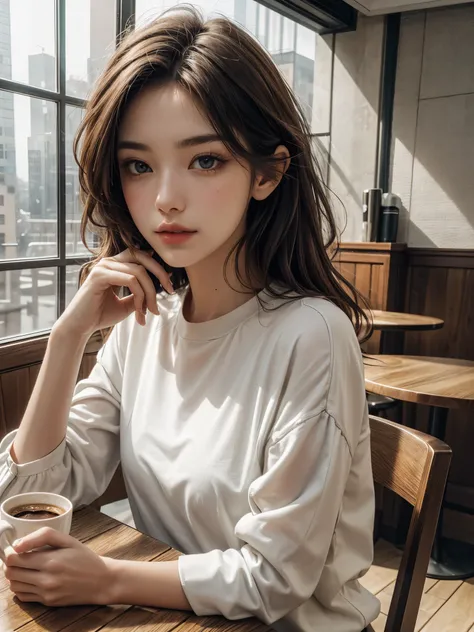 (best quality,highres,ultra-detailed),realistic portrait,beautiful detailed eyes,beautiful detailed lips,white skin,long brown hair,in a cozy cafe,sitting at a table,aesthetic body,wearing a stylish croptop shirt,enjoying a cup of coffee,soft natural light...