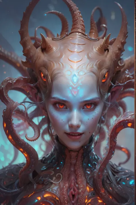 scary and sexy detailed art in color, portrait, (beautiful and obscene female alien:1.4), (vulgarity1.5), (she has red eyes with...