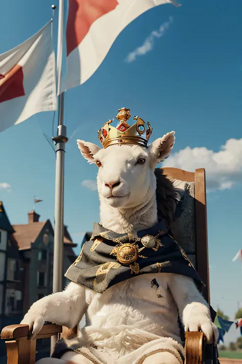 Sheep King on the Throne，Wearing a crown，There&#39;sa旗帜飘扬在There，3D，Pixar style