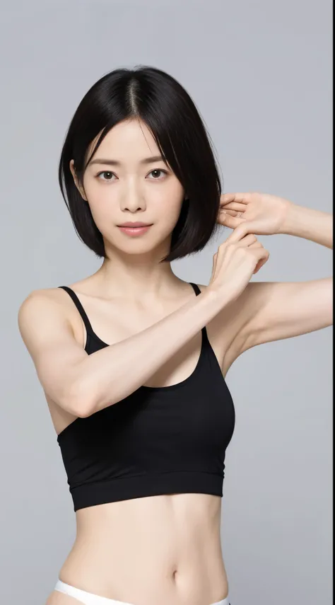 Japanese, Women of short stature, petite physique, Medium build, medium height, slightly plump, Short arms, single eyelid, long slit eyes, Ephemeral atmosphere, 30-year-old girl, black bob hair, ((thin lips)), white top and bottom underwear, muste piece, b...