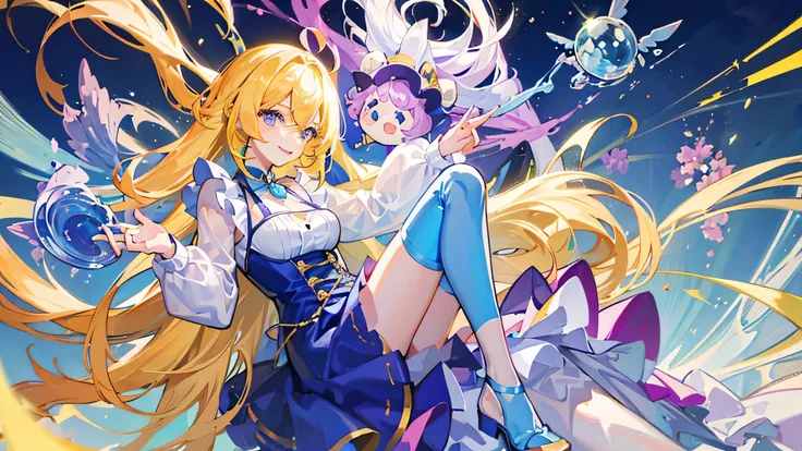 Magical girl,Lemon yellow hair,long hair,cute big eyes,cute smile,Pure blue and purple magic dress