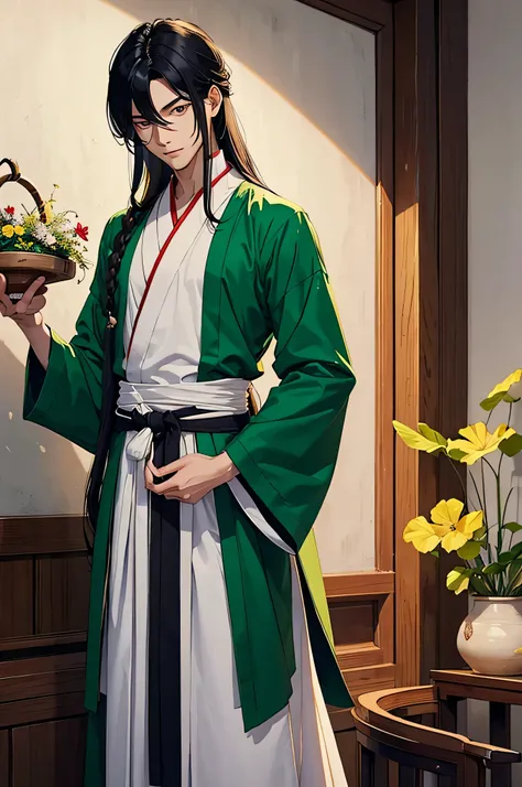 Jinshi is a young man working within the palace. His hair is long, reaching down to his shoulders, and is jet black. His facial features are delicate, and his eyes narrow slightly when he smiles. He is dressed in a traditional Chinese-style green robe ador...