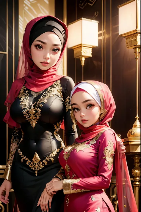 (beautifull indonesian and her younger sister with very large breast, wear detail luxury hijab),(detail kebaya), (elegant pose), detail house background, detail luxury floor, detail flower vase, detail luxury table, detail luxury stair, detail luxury lamp,...