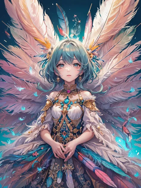 (best quality, masterpiece), (colorful:1.2),perfect face, best illustration, loli,(feather:1.6), incredibly absurdres, underwater,(fractal art:1.5),wings, (astral fairy), (mystical), high detailed official artwork, anime fantasy artwork, (epic fantasy), ((...