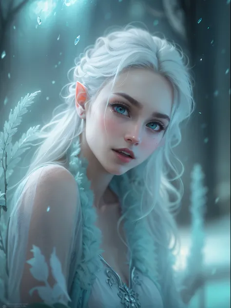 (best quality,4K,8k,high resolution,masterpiece:1.2), Super detailed, (actual,lifelike,photorealistic:1.37),Perfect work，backlight，（frozen rime：1.37，refracted light，Frost，transparent，（beautiful elf，Bright Eyes，Sharp teeth，white hair，messy hair），HDR，UHD，lig...