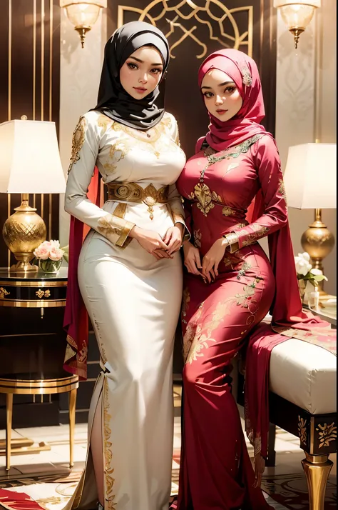 (beautifull indonesian and her younger sister with very large breast, wear detail luxury hijab),(detail kebaya), (elegant pose), detail house background, detail luxury floor, detail flower vase, detail luxury table, detail luxury stair, detail luxury lamp,...