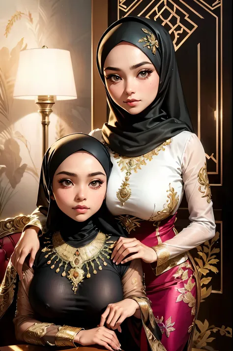 (beautifull indonesian and her younger sister with very large breast, wear detail luxury hijab),(detail kebaya), (elegant pose), detail house background, detail luxury floor, detail flower vase, detail luxury table, detail luxury stair, detail luxury lamp,...