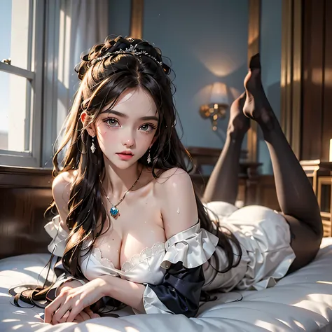 (Woman lying on silk bed), 極端なクローズアップwhole body, perfect face with soft skin, gorgeous long wavy brown hair, 8K resolution, surreal, Super detailed, high quality,（ Erotic beauty in maid uniform）,, (Huge: 1.5), High-rise luxury hotels, next to the window in...