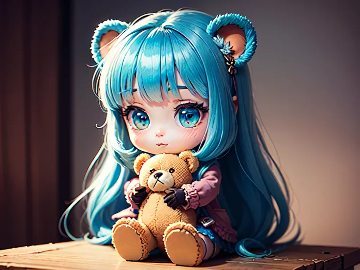 chibi teddy bear, blue hair girl