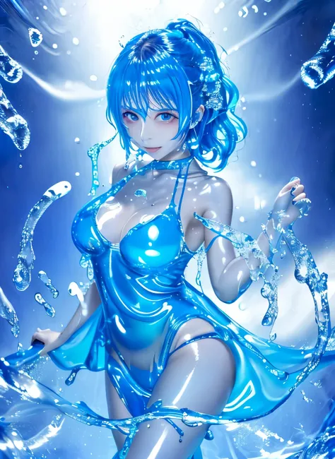 (hight resolution,masutepiece:1.2),Ultra-detailed,(Realistic:1.37), cowboy shot, Slime Girl,covered in blue slime, (partially transparent), (Wet with water), (blue sweat), Slimy blue liquid dripping from her body. Her hair is also covered in blue slime. bl...