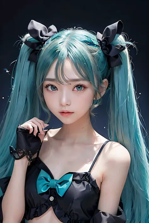 {The theme is Hatsune Miku}、(twin tails、crazy turquoise long hair:1.5)、((black ribbon scrunchie))、(black camisole)、, shiny hair, expressive hair, crystal hair, gradient eyes, Artistic, conceptual art, glitter effect , shine, UHD, retina, masterpiece, Accur...