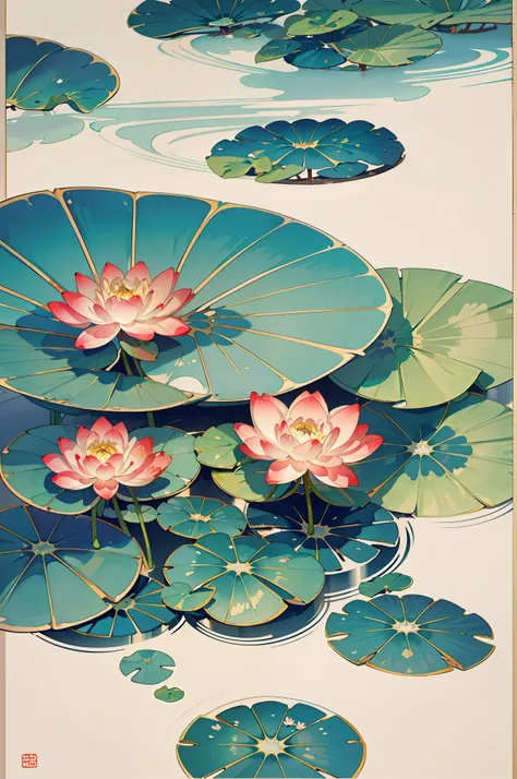 big lotus leaf, lotus, ink painting style, Clean colors, ink style, soil, Decisive cutting, Blank area, unarmed, masterpiece, super detailed, epic work, high quality, best quality, lotus仙子, antiquity, Dunhuang Feitian