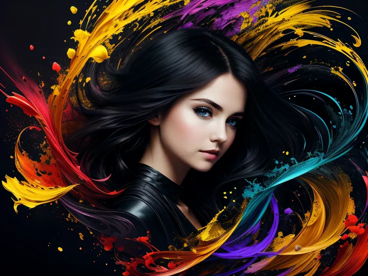 Colorful beautiful girl: 28-years old, messy hair, oil painting, nice perfect face with soft skin, nice perfect face, blue and yellow colors, light purple and violet additions, light red additions, intricate detail, splash screen, 8k resolution, masterpiec...